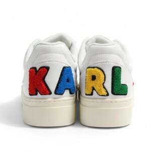 Karl Lagerfeld White Multicolor Letter Embroidered Lace Up Leather Sneakers